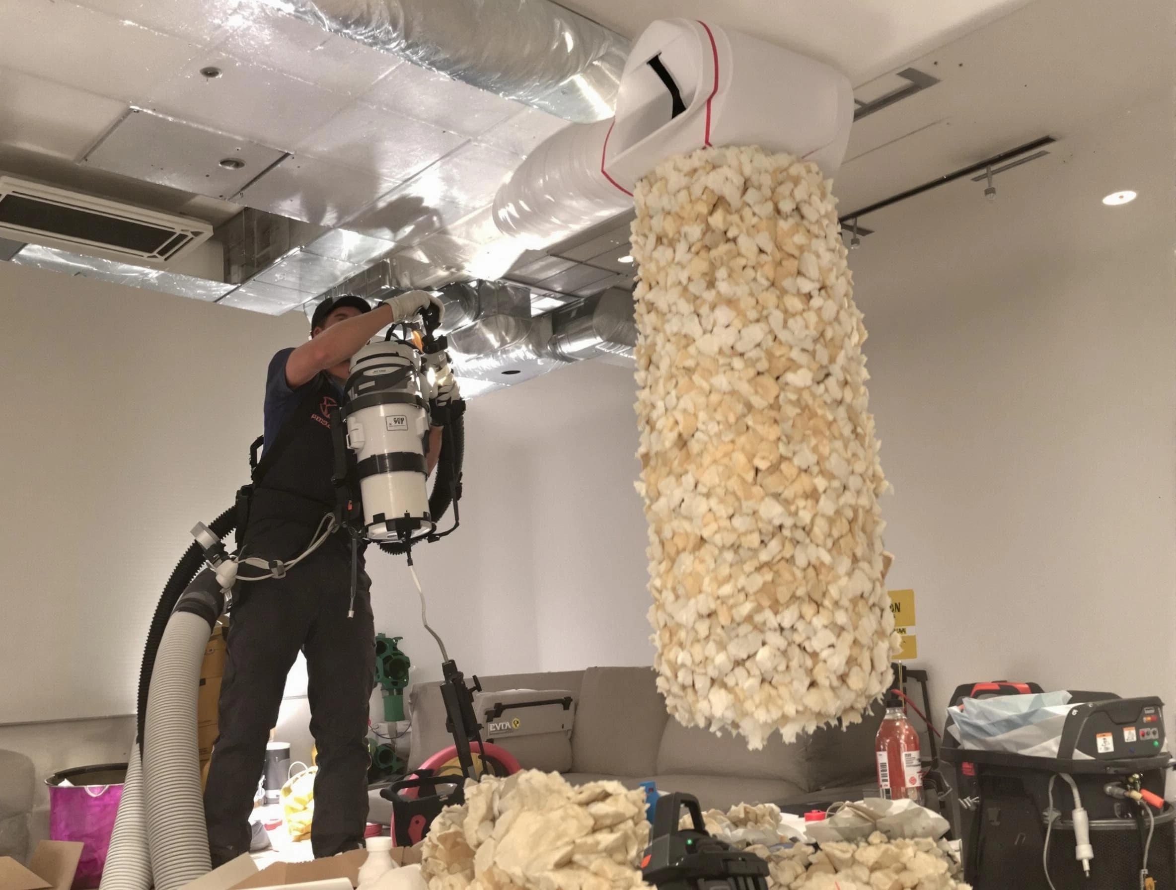 Newport Beach Air Duct Cleaning technician performing precision vacuum insulation removal in a residential property in Newport Beach