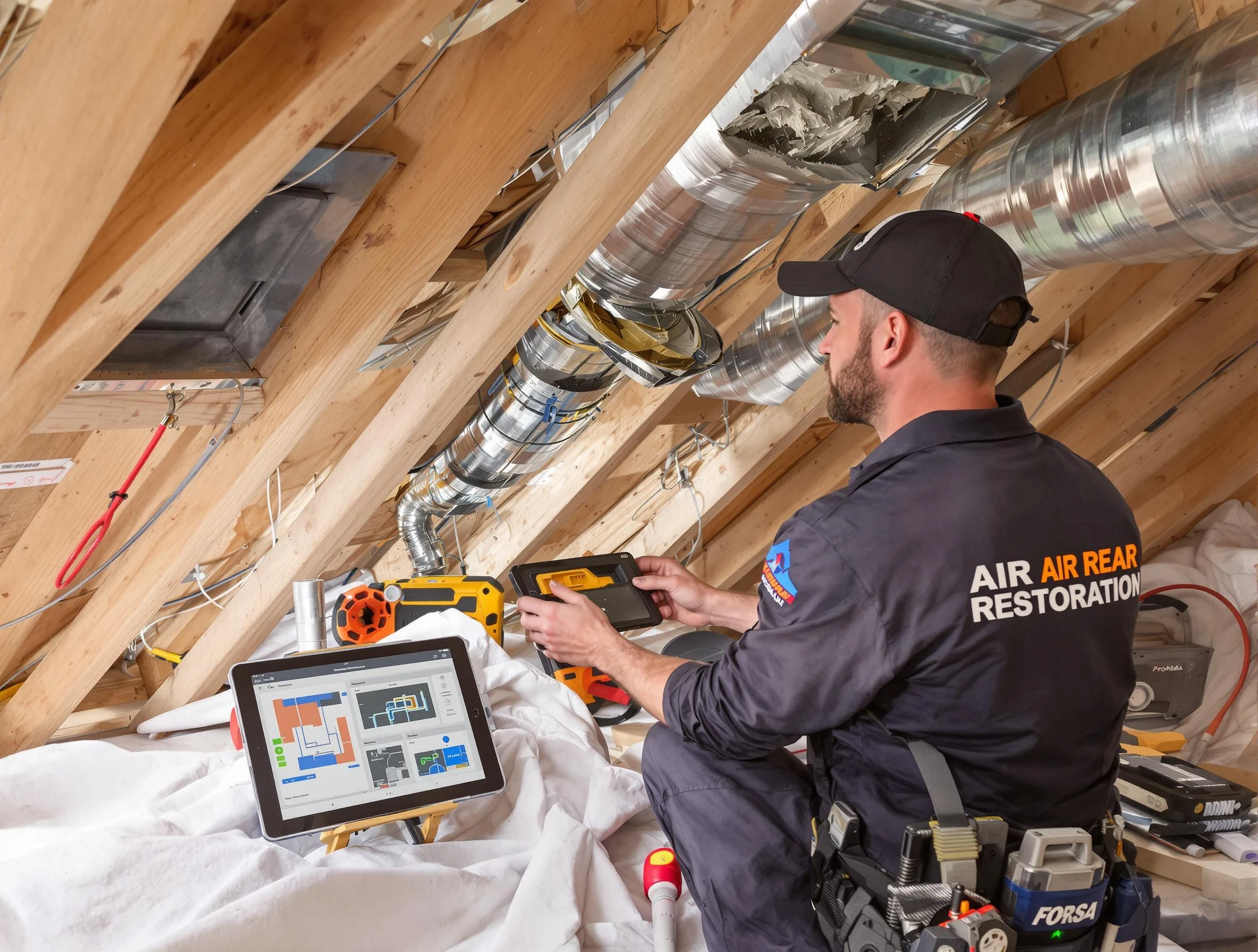 Newport Beach Air Duct Cleaning technician performing precise duct repair work in Newport Beach