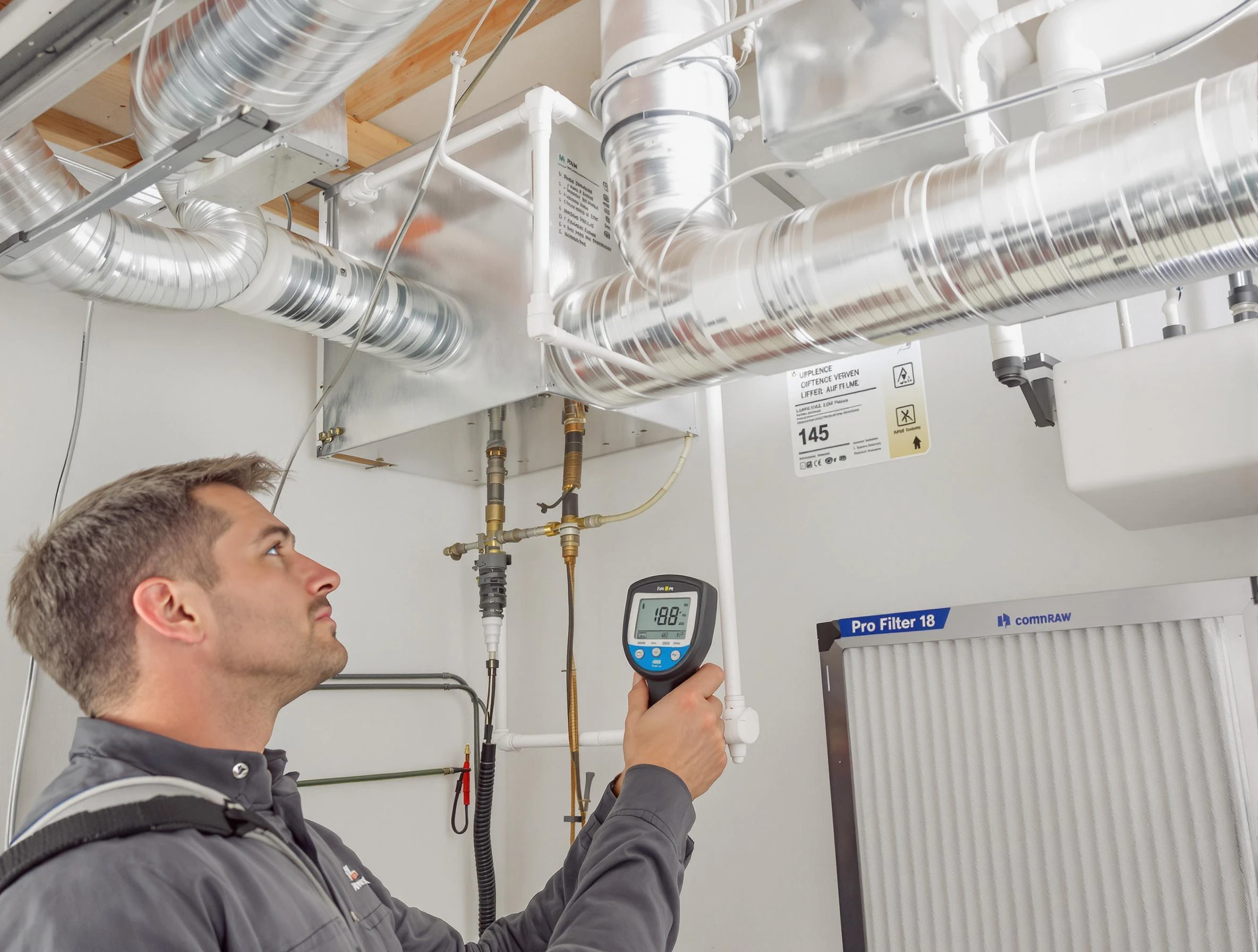 Newport Beach Air Duct Cleaning expert conducting detailed filter system inspection using diagnostic tools in Newport Beach